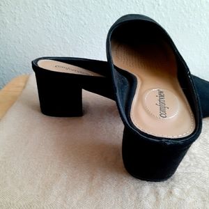 Size 12W Judy block heeled mules in black suede like lined material.